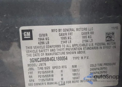 2016 Chevrolet Trax Ltz z USA, uszkodzony, nr VIN 3GNCJMSB4GL180054